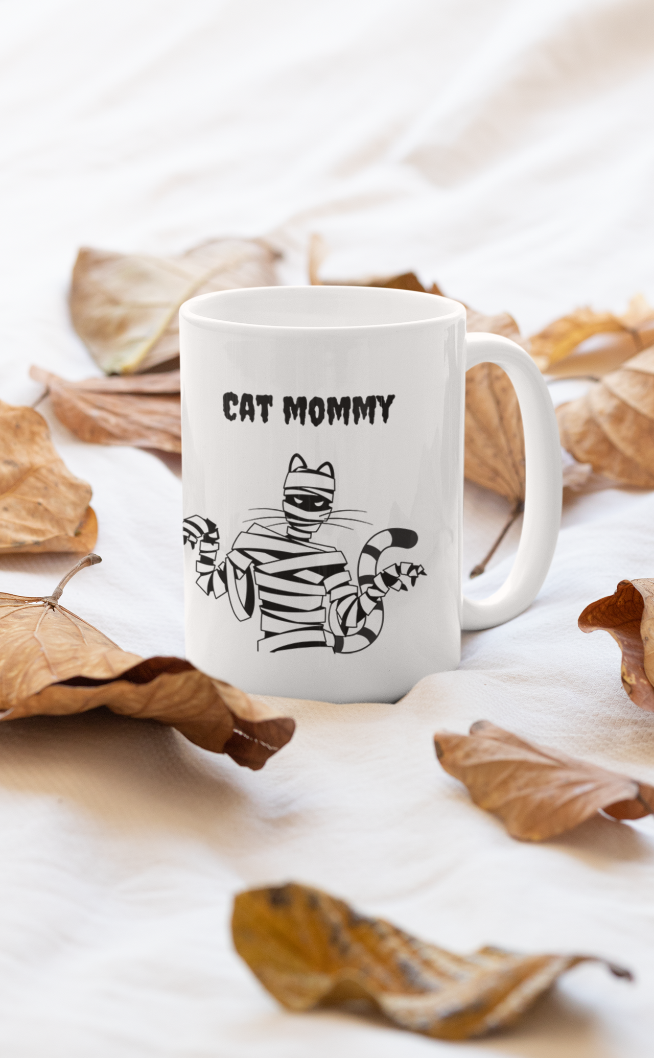 Funny Halloween cat mug with spooky cat mummy image and the words "Cat Mommy" for cat moms