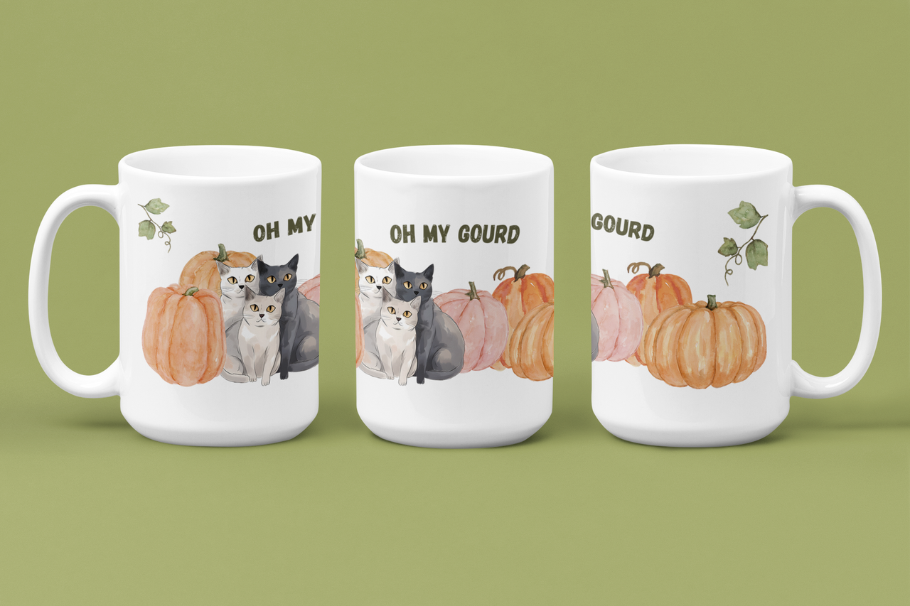 Oh My Gourd Halloween Funny Cute Cat Pumpkin Ceramic Mug 15oz